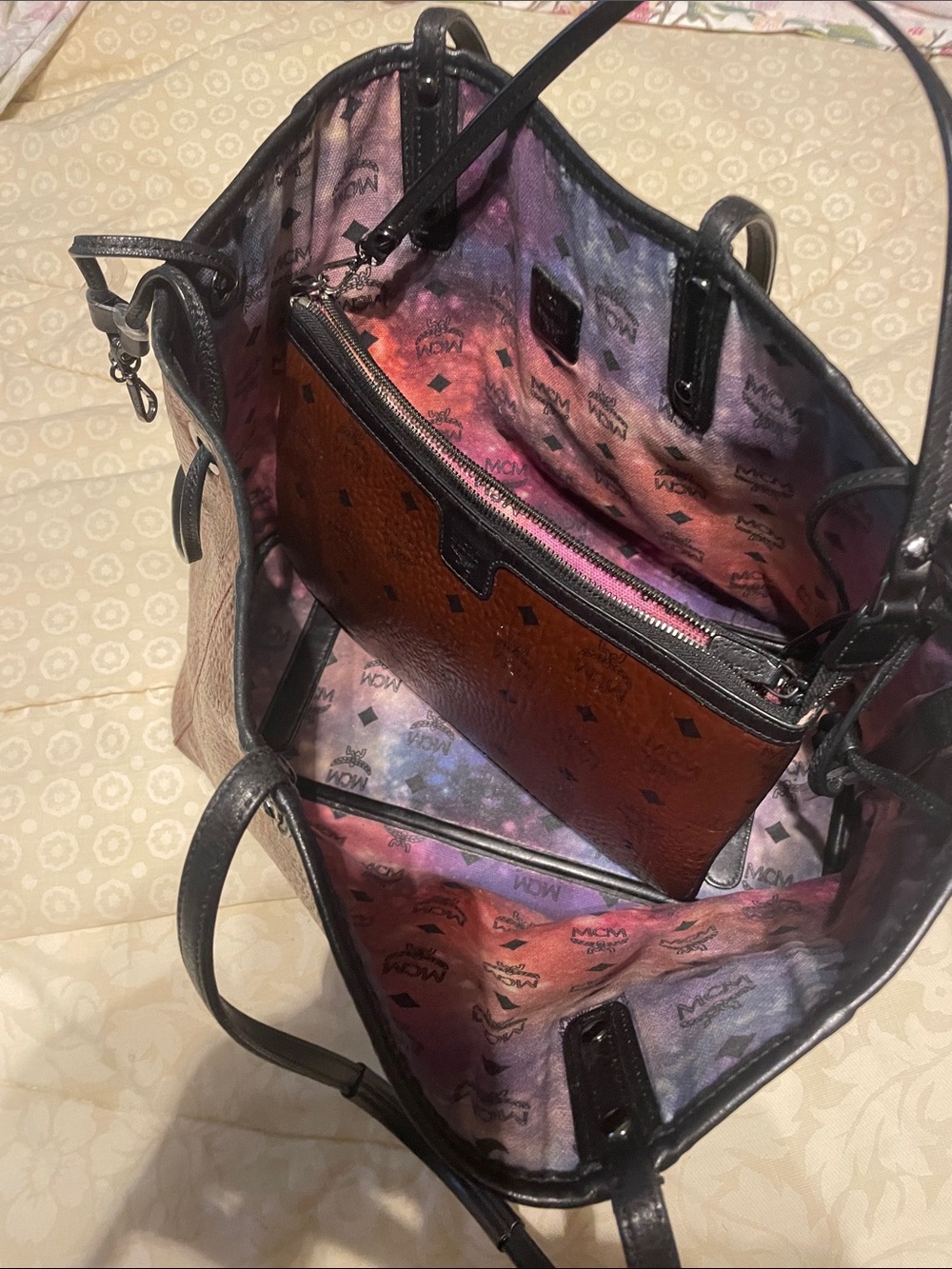 MCM Metallic Red Visetos Monogram Tote with Black Trim and Pouch - Picture 9 of 10